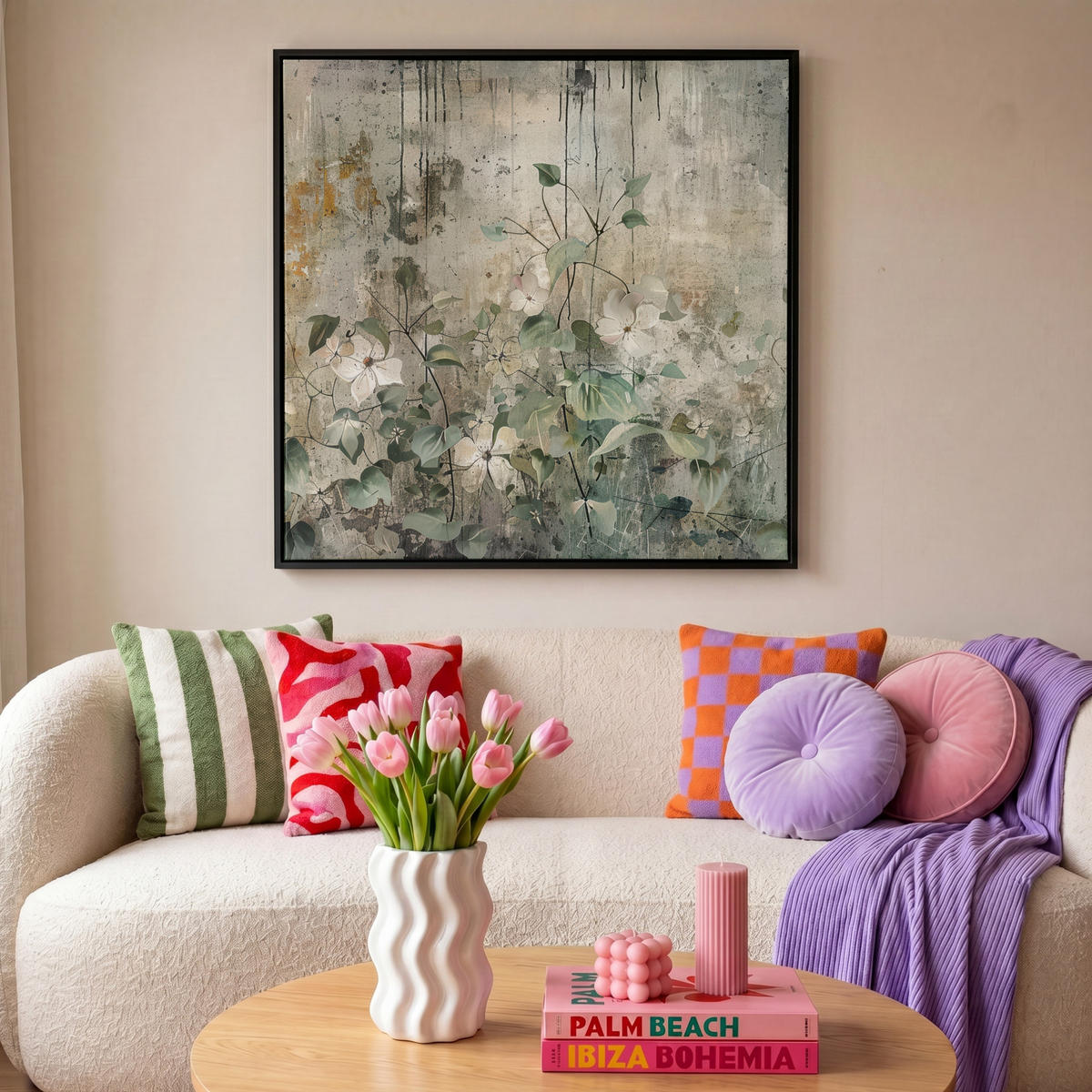 LEINWAND Bilder mit Rahmen - Blumen - Blätter - Abstrakt - Modern - 90x90 - Grau, Textil (90/90cm) - MuchoWow