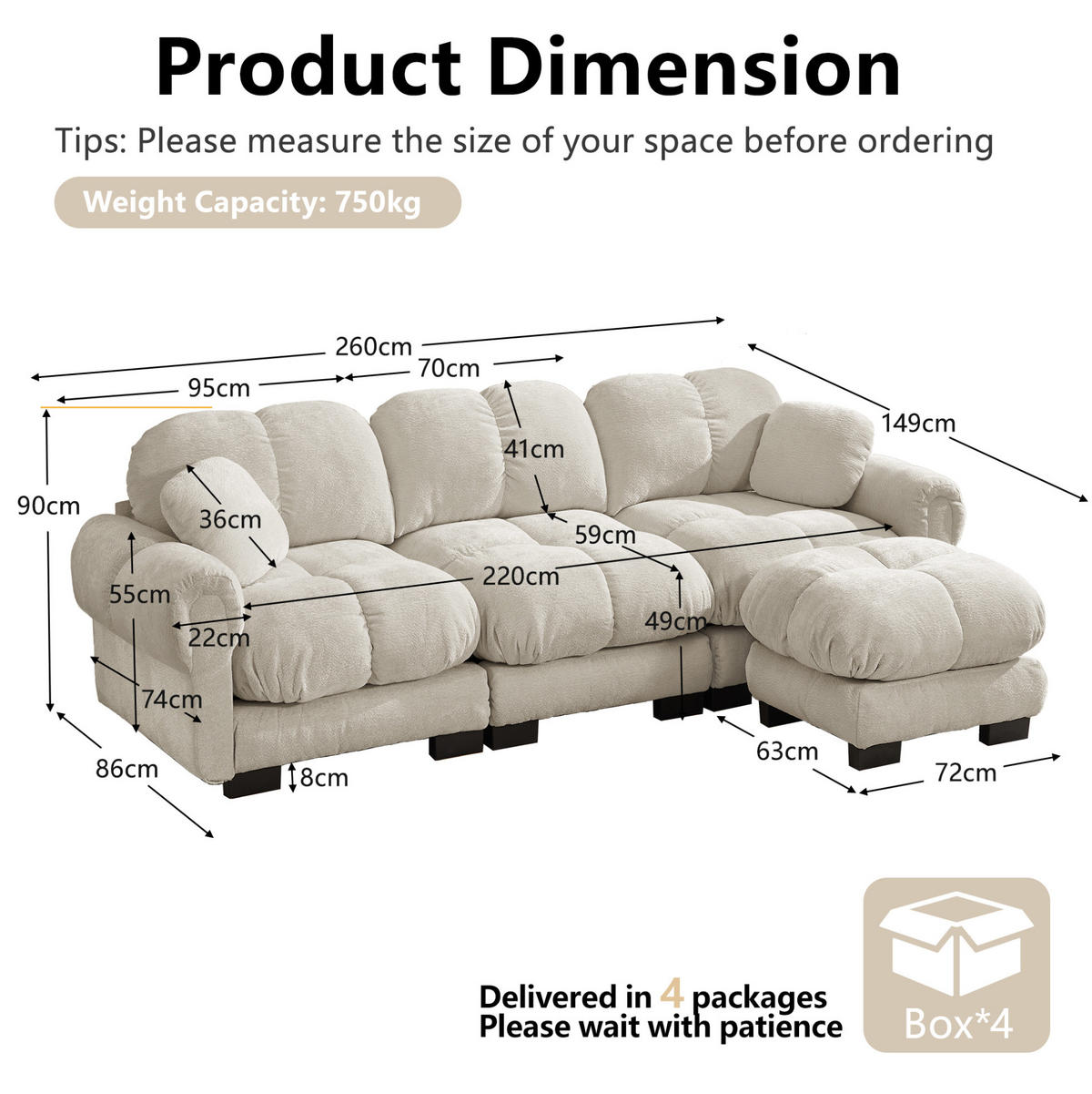 SOFA L-Form mit Hocker Chenille Hell Khaki - Hellbraun, Holz (149/260cm) - Meubliv