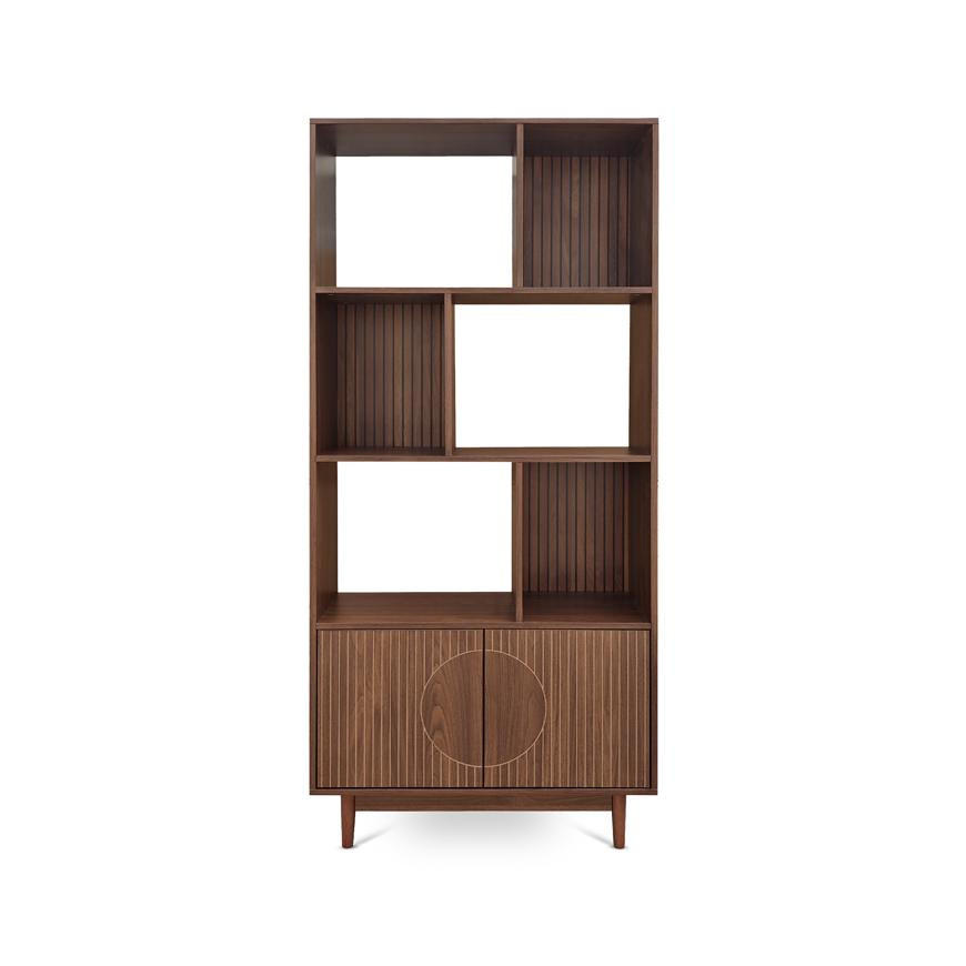 BÜCHERREGAL Skandinavisches, 180 cm hoch, mit 2 Türen und 6 Regalböden, Walnuss-Finish – LILA - Salbeigrün/Walnussfarben, Holzwerkstoff/Metall (80/179/30cm) - Sicaan