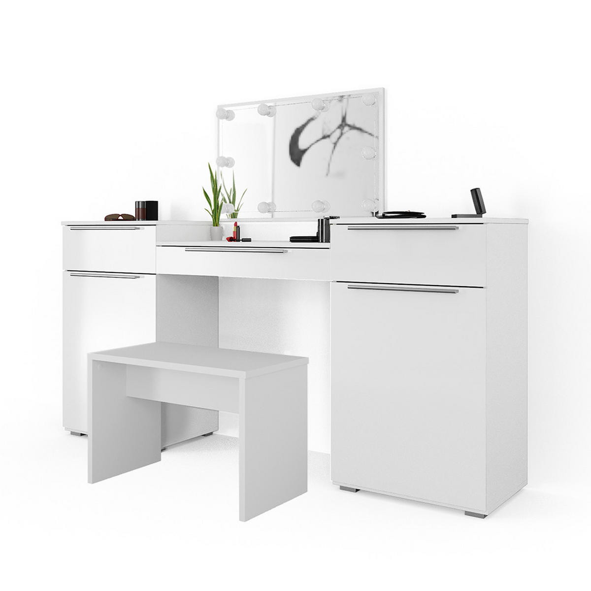 SCHMINKTISCH Lilli Weiß 190 cm mit LED Beleuchtung und Bank - Weiß, Holzwerkstoff (190/90/39cm) - Vicco