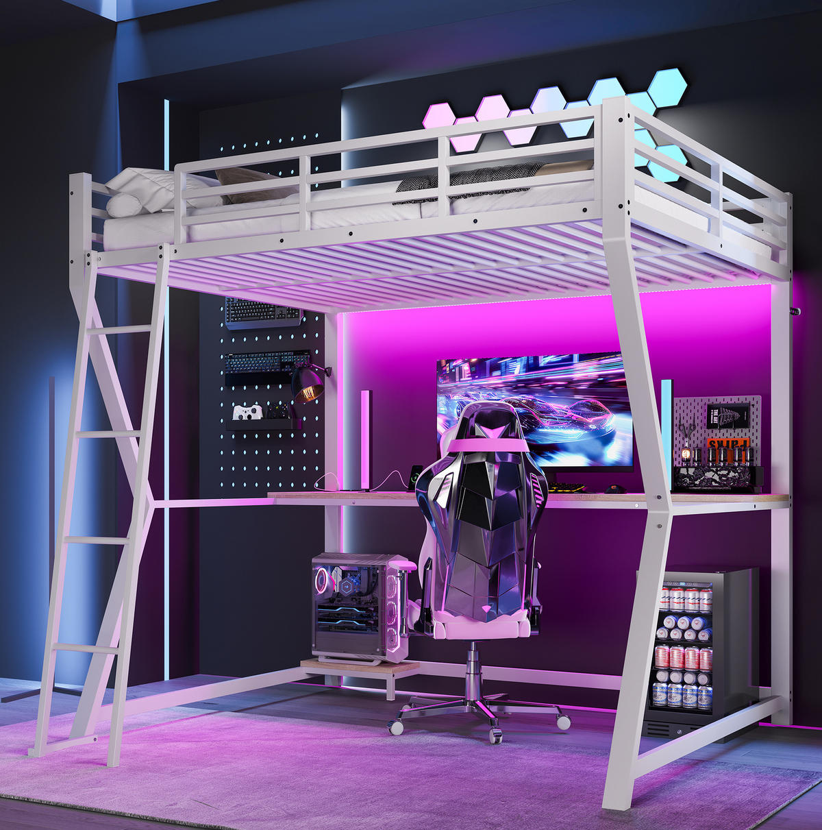 HOCHBETT 140/200 cm Weiß aus Metall mit Schreibtisch und LED-Lichtleiste - Weiß, Metall (140/200cm) - OKMYHOME