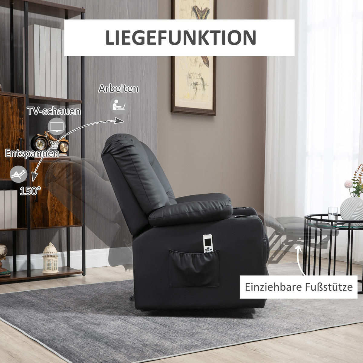 FERNSEHSESSEL mit Aufstehhilfe, Schwarz - Schwarz, Leder/Kunststoff (98/102/90cm) - HOMCOM