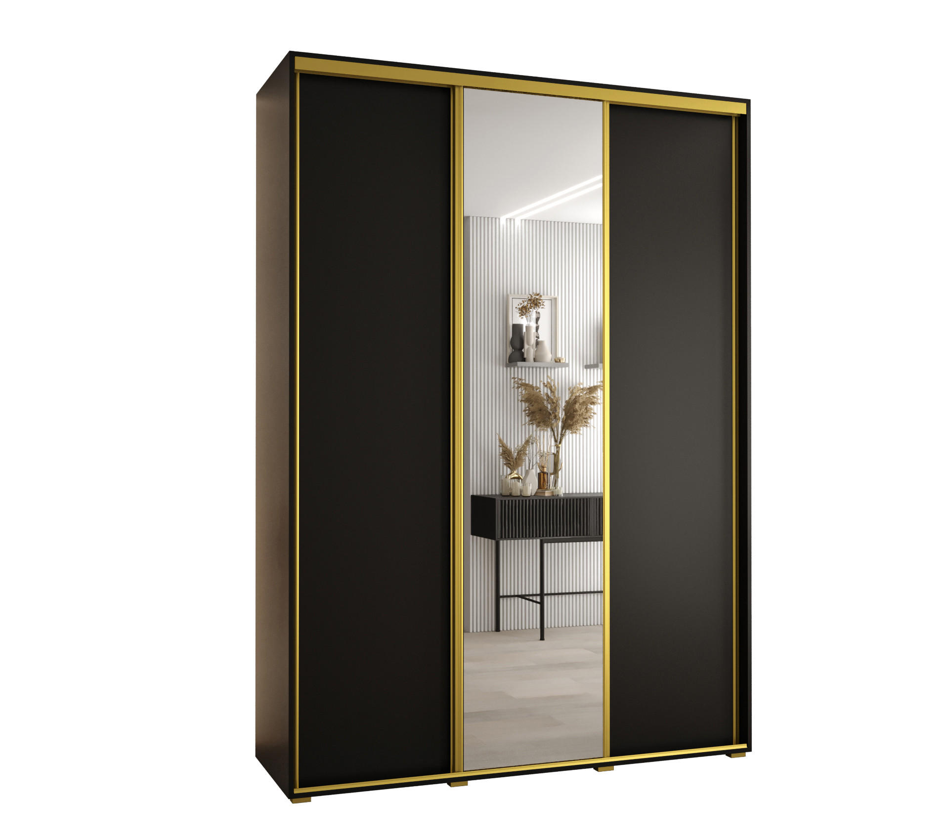 Abiks Möbel Schwebetürenschrank Schwarz, Schwarz, Gold 180x235x60 cm