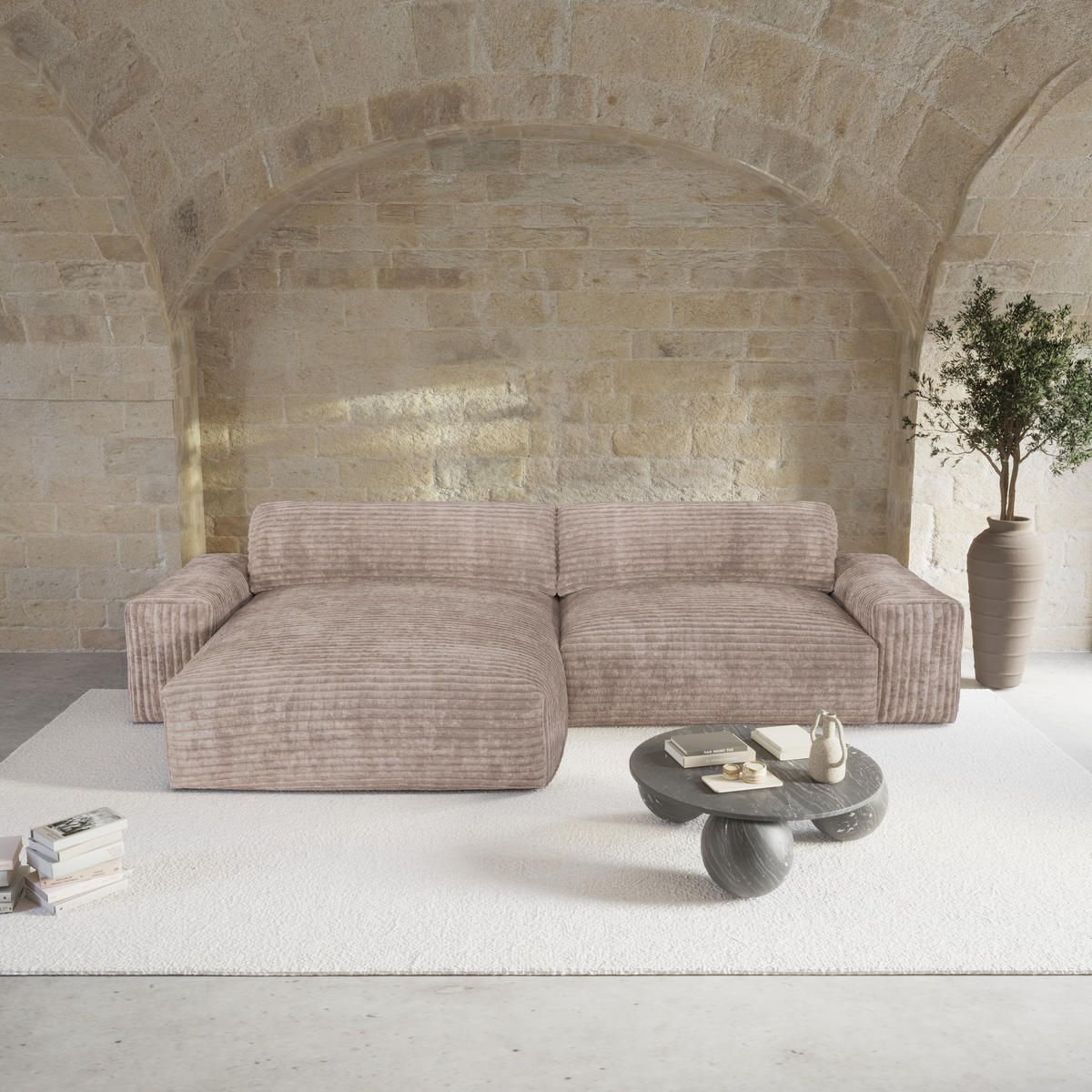 ECKSOFA LINKS Gerippter Samt XXL Taupe 220cm - Taupe, Textil (120/220cm) - Sia Home