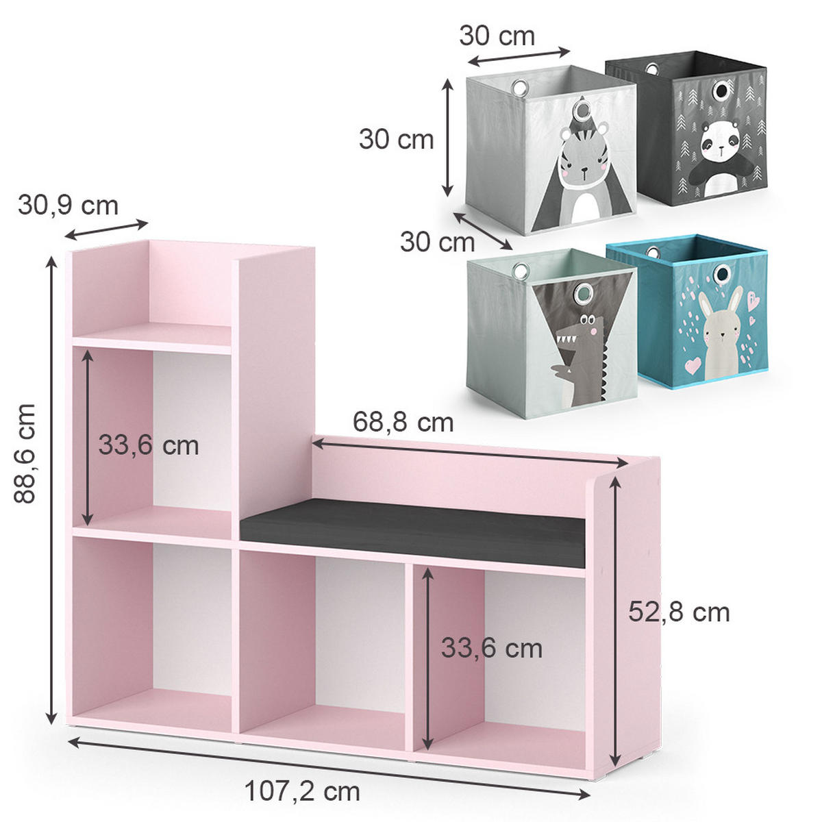 KINDERREGAL Luigi Rosa 107.2 x 88.6 cm mit 2 Faltboxen (grau) - Pink, Holzwerkstoff (107.2/88.6/30.9cm) - Vicco