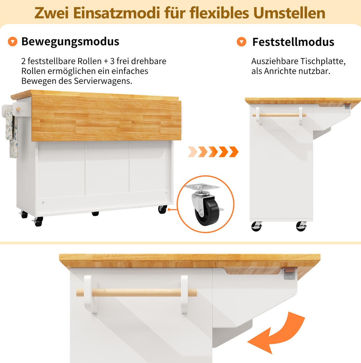KÜCHENINSEL 120/73/93 cm in Weiß mit Klapptisch, Rollen und viel Stauraum - Weiß, Holzwerkstoff (120/93/45cm) - Flora Grace