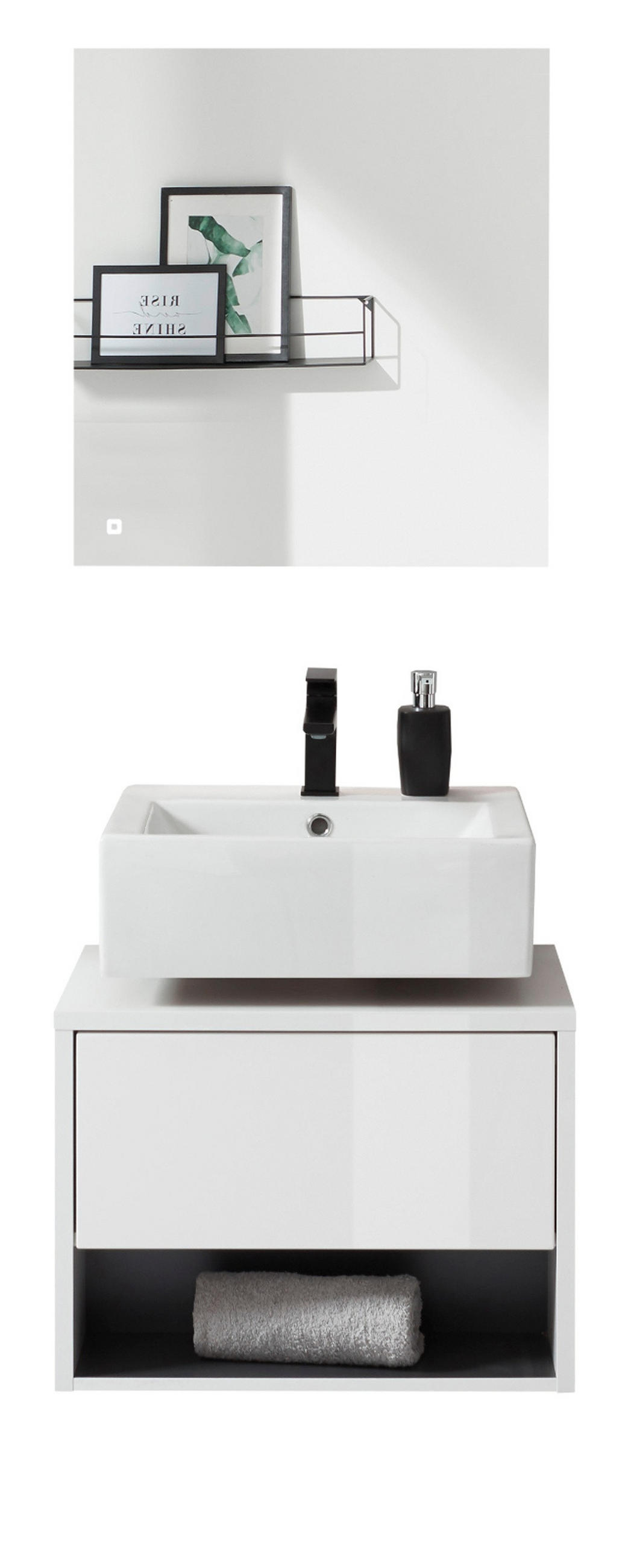 BADMÖBEL Set 2-teilig in weiß Hochglanz und grau mit LED Beleuchtung 60 x 190 cm Glide - Weiß Hochglanz/Grau, Glas/Holzwerkstoff (60/190/46cm) - Furn.Design