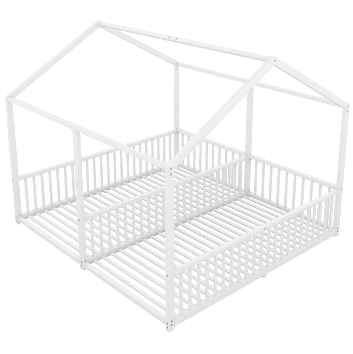 KINDERBETT 90/200 cm aus Metall in Weiß mit Hausform, Geländer und Leiter - Weiß, Metall (90/200cm) - Flora Grace