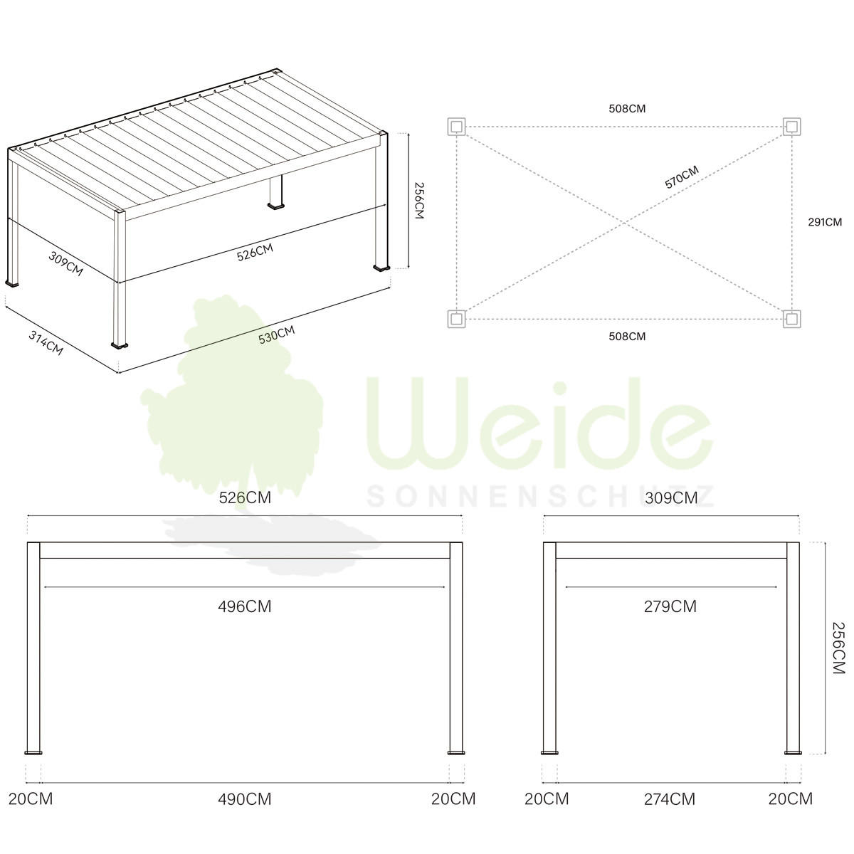CARPORT Aluminium Pergola 3 x 5,3 M Garage anthrazit - Grau, Metall (300/236/530cm) - WEIDE