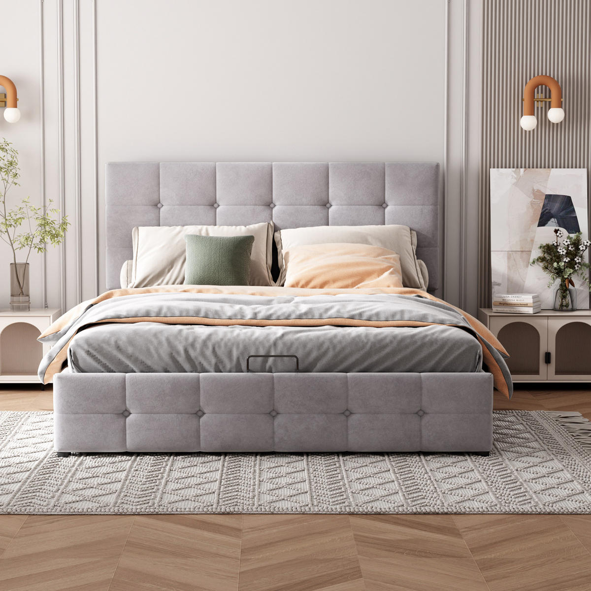 ČALÚNENÁ posteľ z MDF, kovu a zamatu 140x200 cm sivá s hydraulickým úložným priestorom a lamelovým roštom - sivá, textil (140/200cm) - Modfu