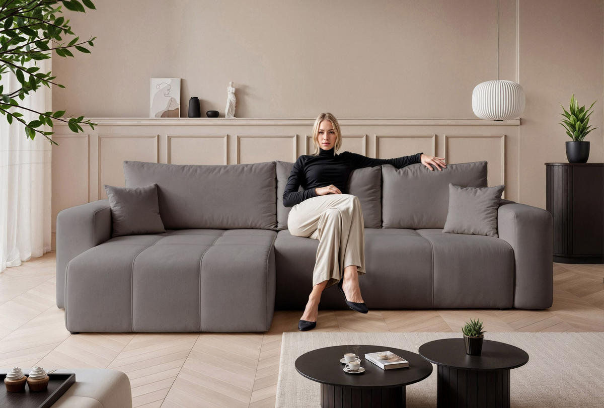 ECKSOFA XL Velours mit Bettkasten und Schlaffunktion - Dunkelgrau, Holzwerkstoff/Textil (278/145cm) - Idohome