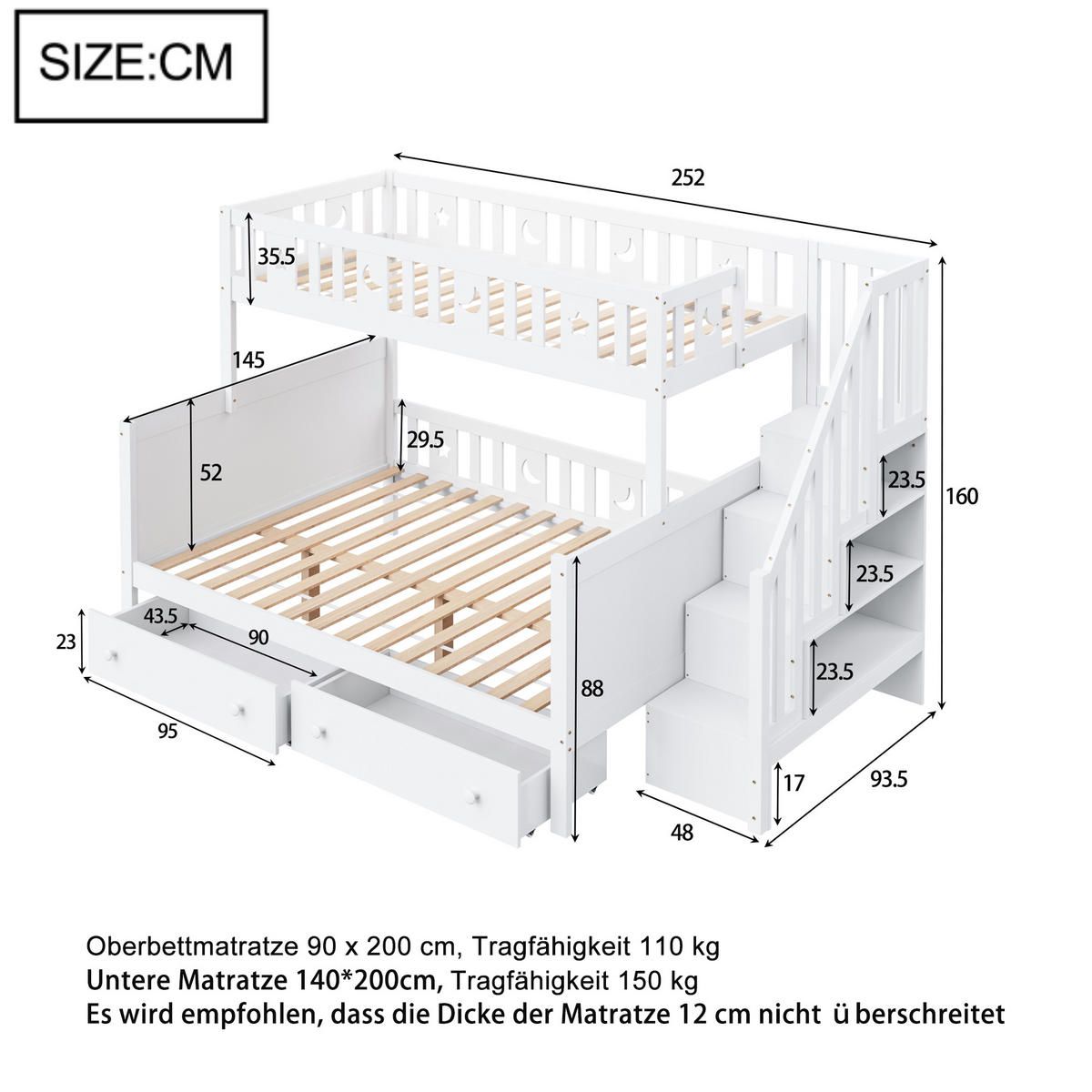 ETAGENBETT 90/140x200 cm Schubladen weiß - Weiß, Holz (140/200cm) - LEBENLANG