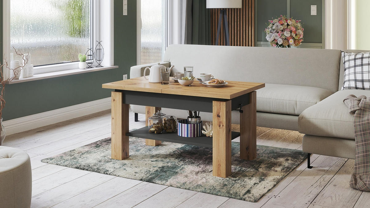 COUCHTISCH rechteckig Eiche Artisan - Anthrazit ausziehbar höhenverstellbar - Anthrazit/Eiche Artisan, Holzwerkstoff (68/110/59cm) - designimpex
