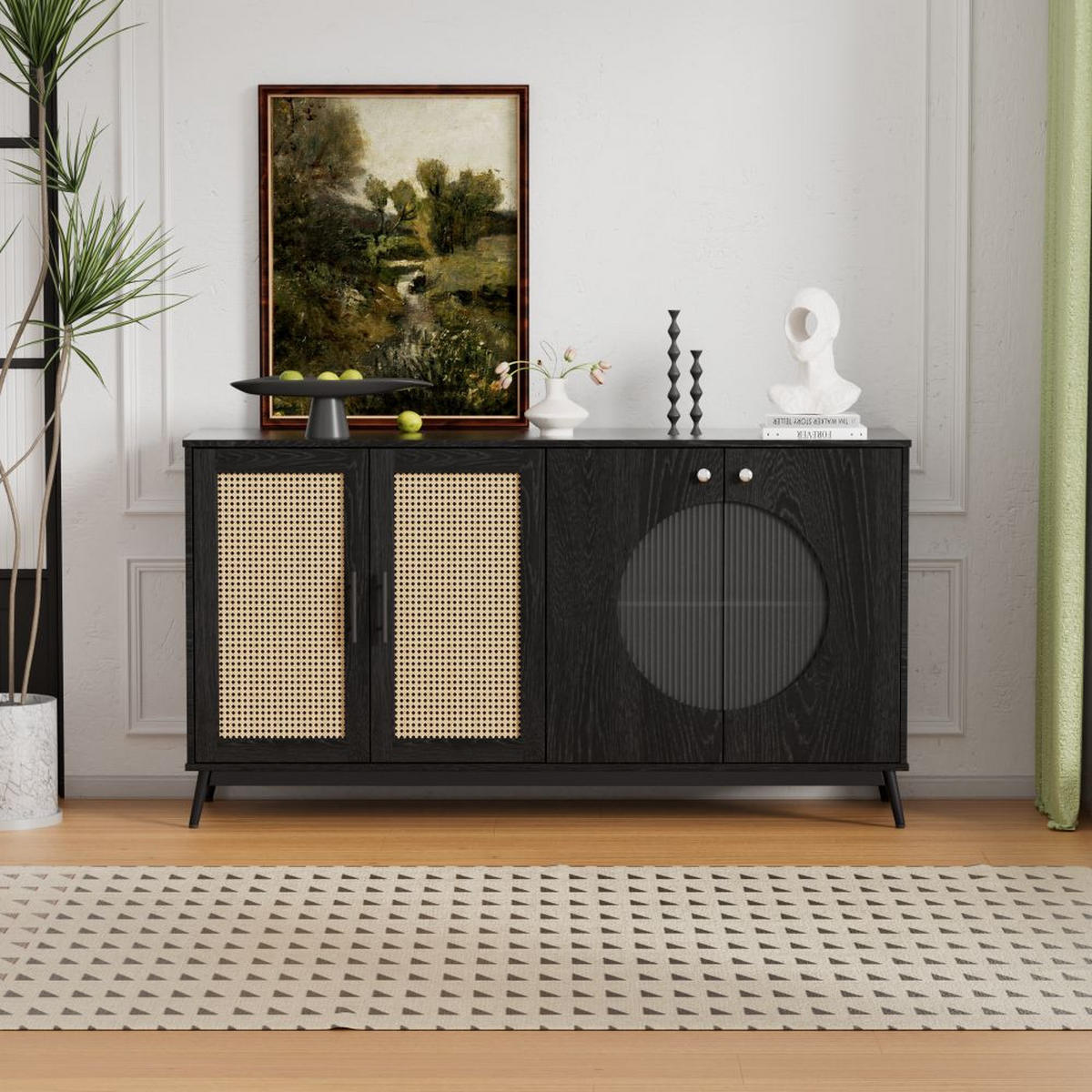 SIDEBOARD mit Glastüren aus Rattan, Halbrunde Tür,Schwarz - Schwarz, Holz (40/80/160cm) - KOMHTOM