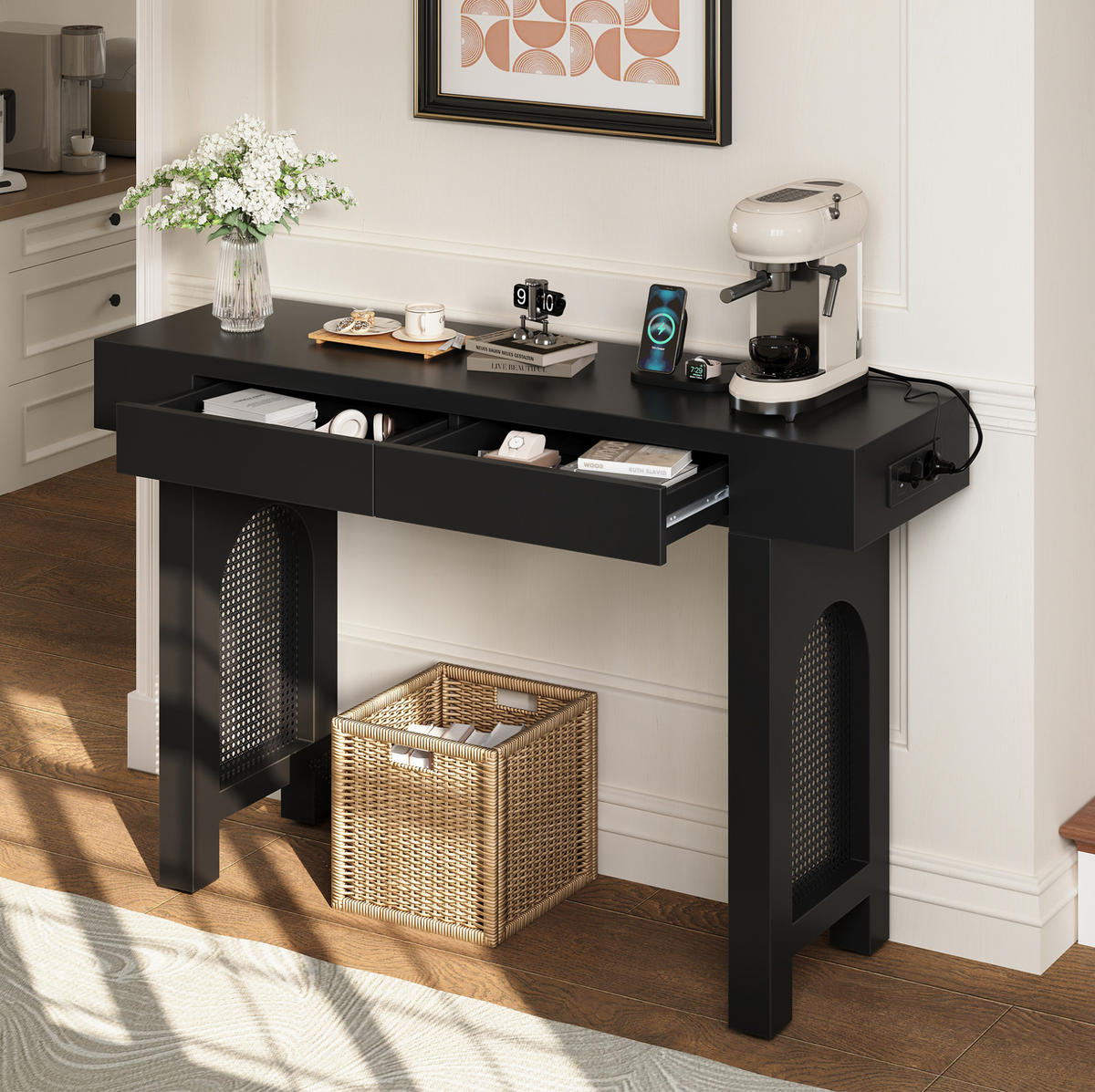 KONZOLOVÝ stolek z MDF 120x35,5x76,5 cm černý se 2 zásuvkami, USB, Type-C a nastavitelnými nožkami - černá, kompozitní dřevo (35.5/120/76.5cm) - Modfu
