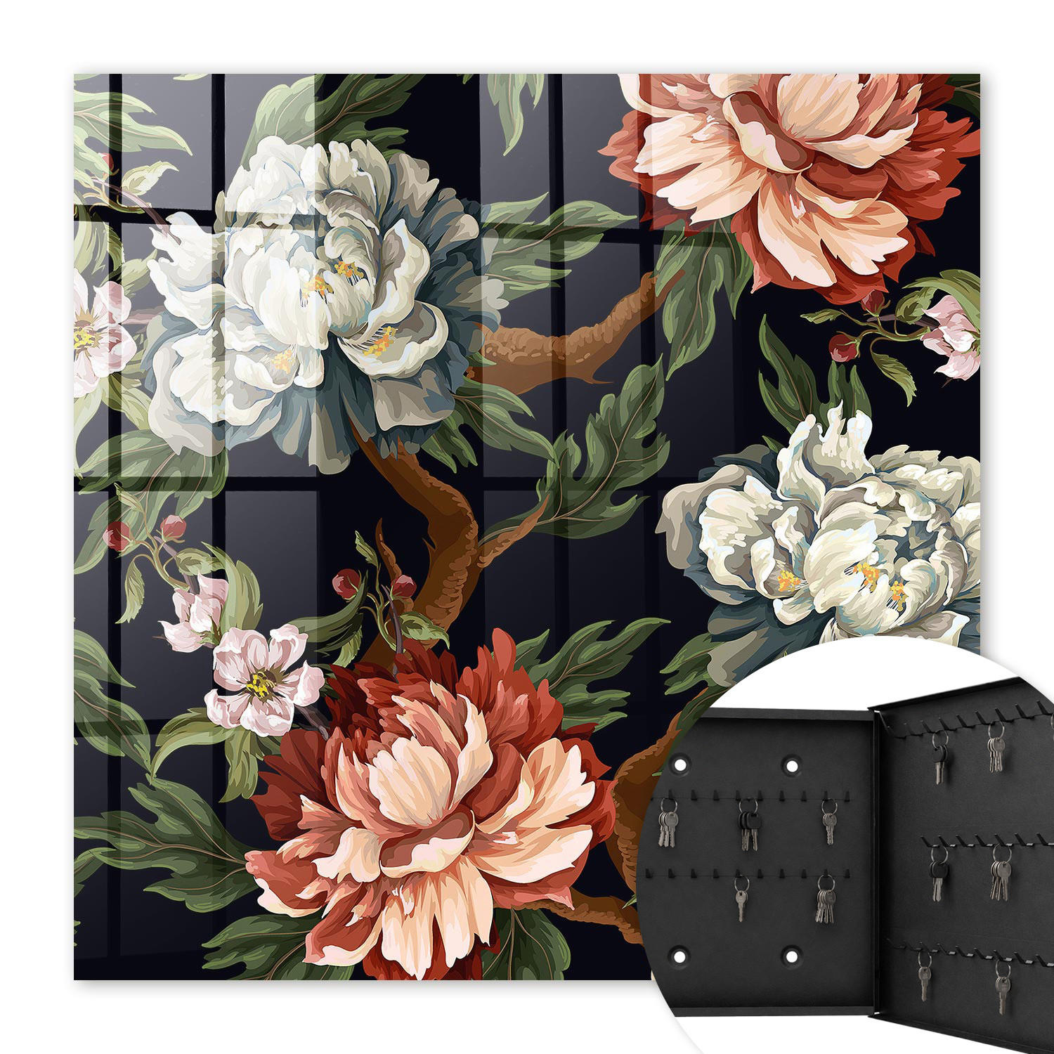 SCHLÜSSELBOX Schwarz 30x30 cm- Türöffnung nach rechts - Blumen der Natur - Grün, Metall (30/30/5cm) - TULUP