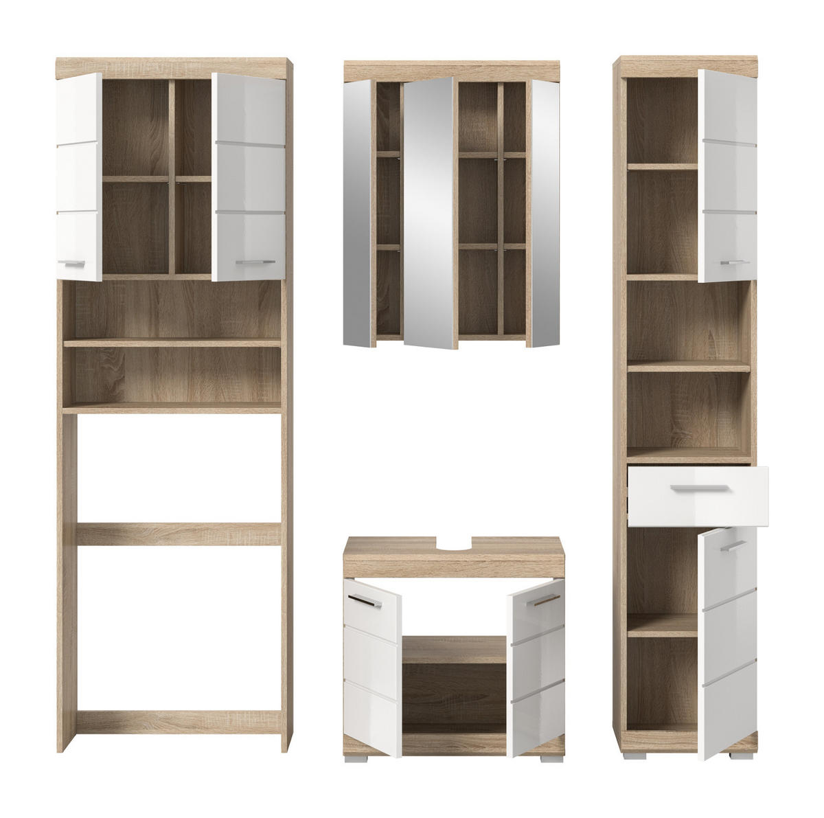 BADMÖBEL-SET weiß Hochglanz, Eiche 4-teilig 190 cm, viel Stauraum - Weiß Hochglanz/Eichefarben, Glas/Holzwerkstoff (190/191/34cm) - Inn.Furn