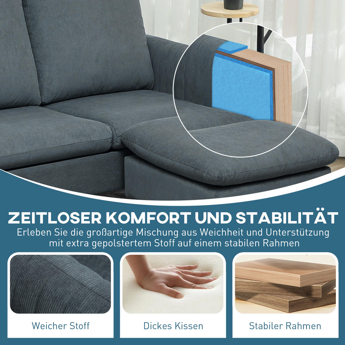 ECKSOFA mit Schlaffunktion Sofa mit Fußhocker, 3 Wurfkissen für Wohnzimmer - Dunkelgrau, Textil (140/196cm) - HOMCOM