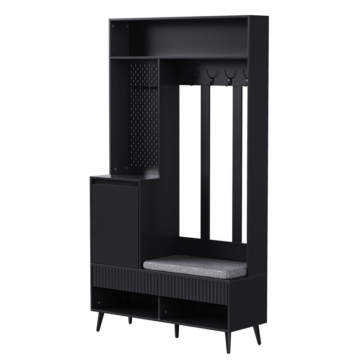 FLURGARDEROBE mit Sitzbank, 4 Haken und Schuhablage in Schwarz 100/35/180 cm - Schwarz, Holzwerkstoff (100/180/35cm) - BEAOK