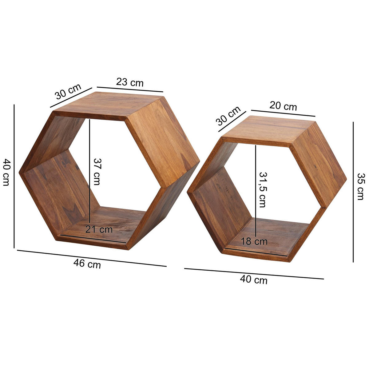 BEISTELLTISCH Set – 2-teilig Massivholz Braun Wabenform handgefertigt - Braun, Holz (30/46/40cm) - KADIMA DESIGN