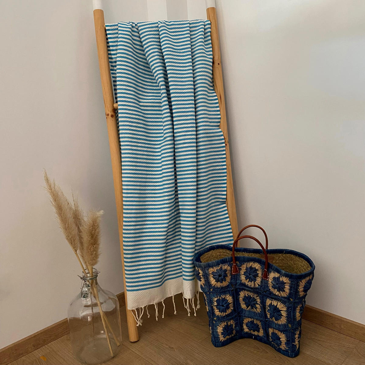 HAMMAMTUCH Traditionelle Yadara 200x200 190g/m² türkis - Blau, Textil (200/200cm) - LE COMPTOIR DE LA PLAGE