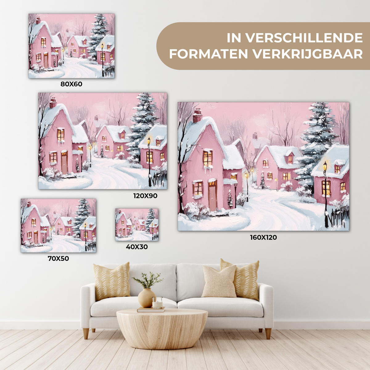 LEINWANDBILD Weihnachtsdorf - Rosa - Winter - Schnee - Häuser Wandbild 40x30 cm - Altrosa, Textil (40/30cm) - MuchoWow