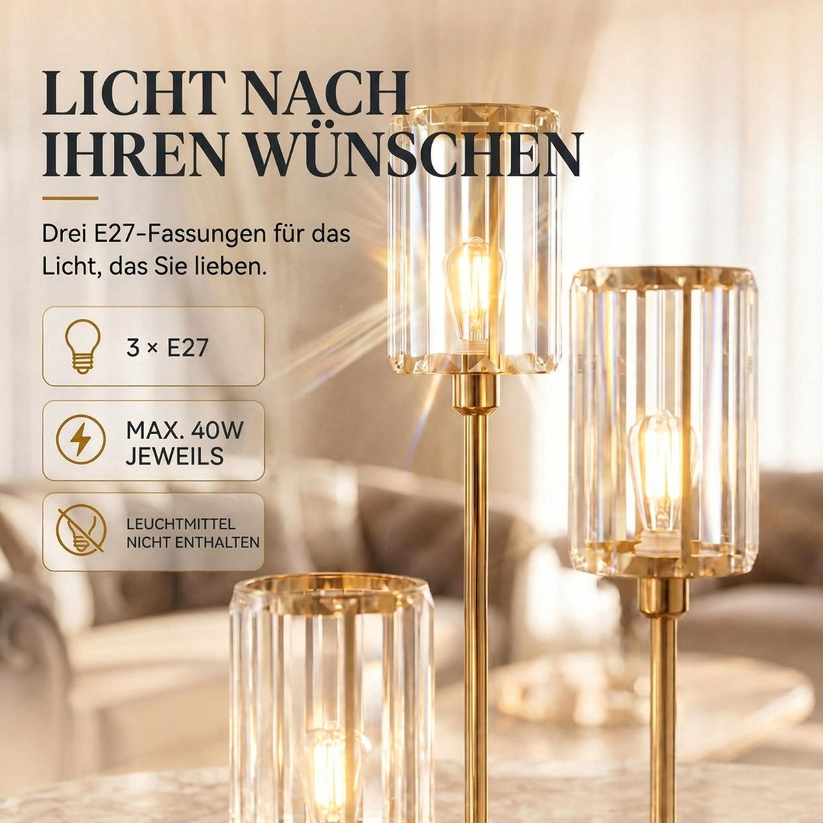 STEHLAMPE Stahl Glas Goldfarben - Goldfarben, Metall (32/32/177cm) - HOMCOM