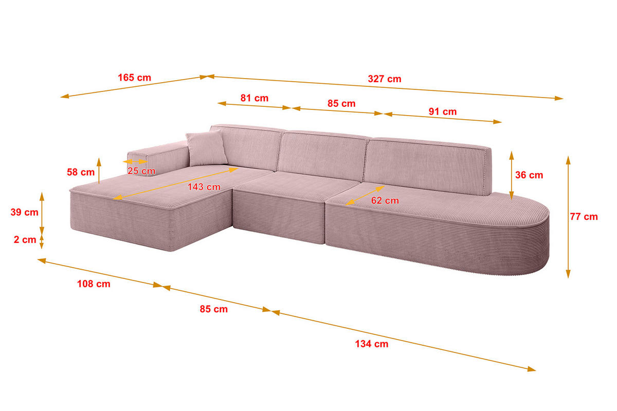 ECKSOFA Ottomane Links IREA-L2-v4 - 327x165x77 cm Rosa - Rosa, Holzwerkstoff/Textil (327/165cm) - ALTDECOR