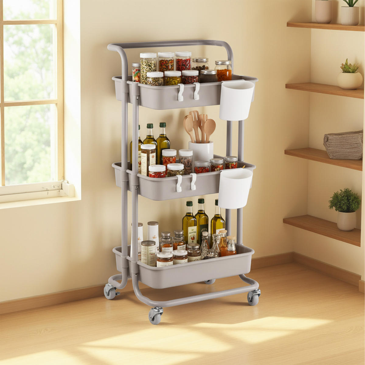 ROLLWAGEN - Beige, Kunststoff/Textil (43/86/36cm) - Relaxdays