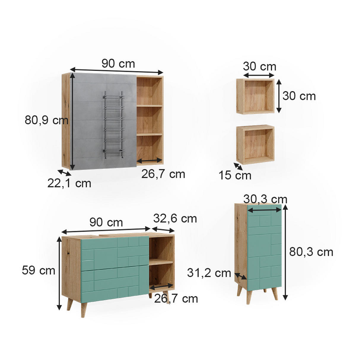 BADMÖBEL-SET Rudi Mintgrün 5 Teile - Eichefarben/Mintgrün, Holzwerkstoff (90/59/32cm) - Vicco