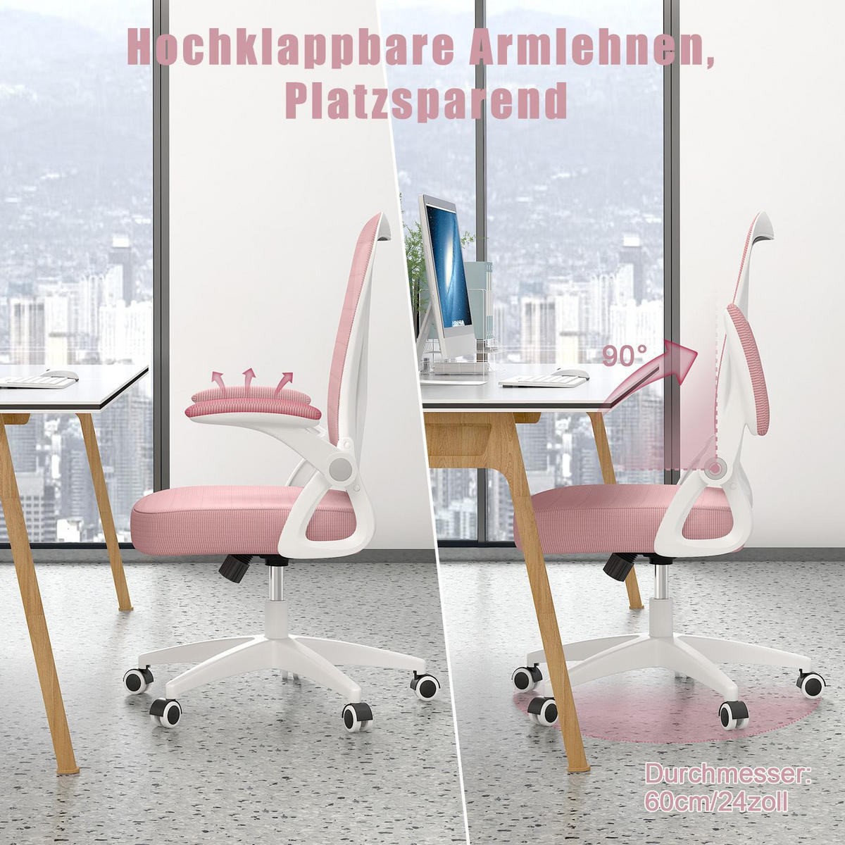 BÜRODREHSTUHL ergonomisch, mittelhohe Rückenlehne, klappbare Armlehnen – Rosa - Pink, Metall (50/102/50cm) - Rattantree