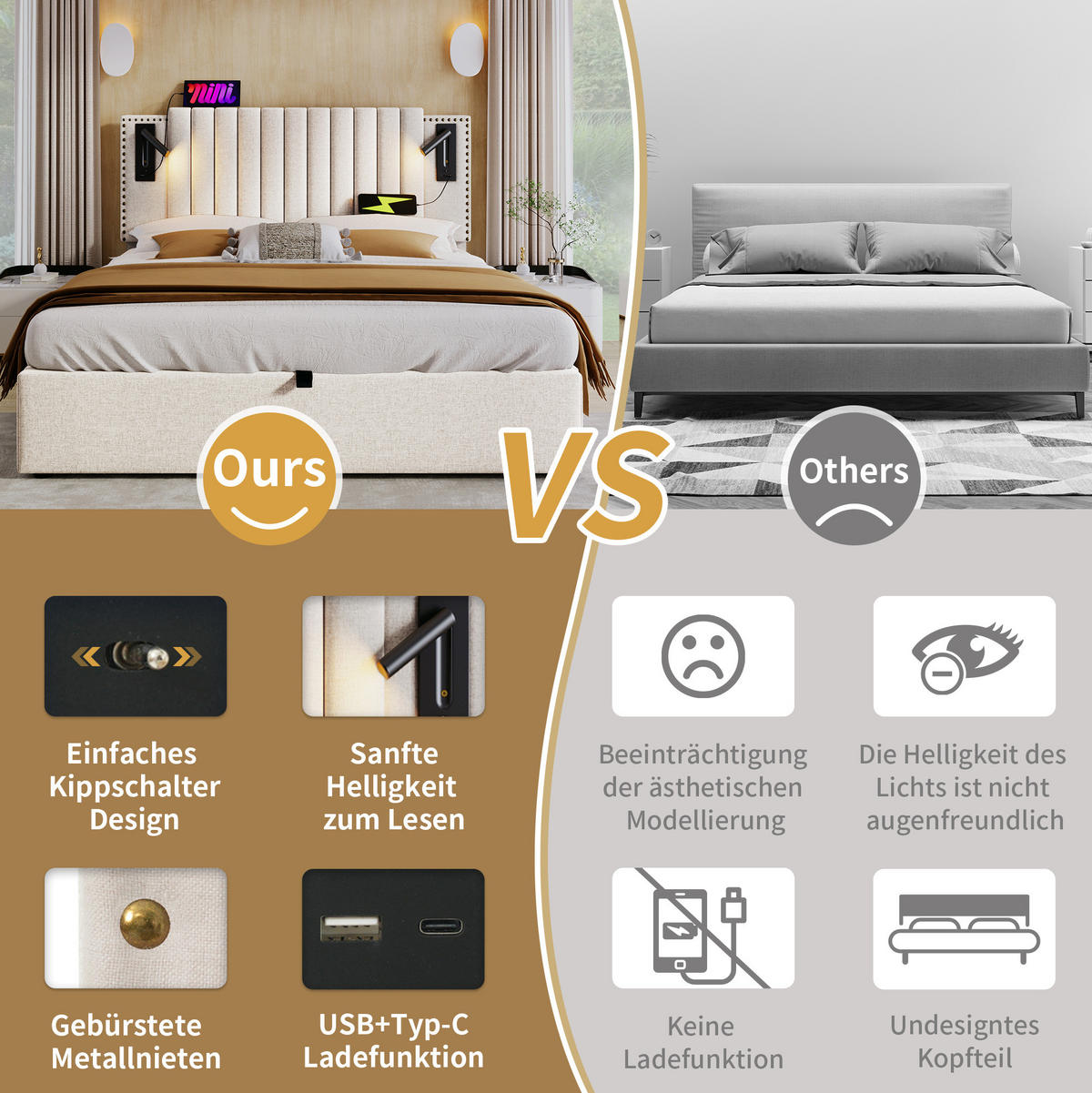 POLSTERBETT 140/200 cm mit Matratze, USB-Typ-C, Leselicht, Bettkasten und verstellbarem Kopfteil, Beige - Beige, Textil (140/200cm) - Redom