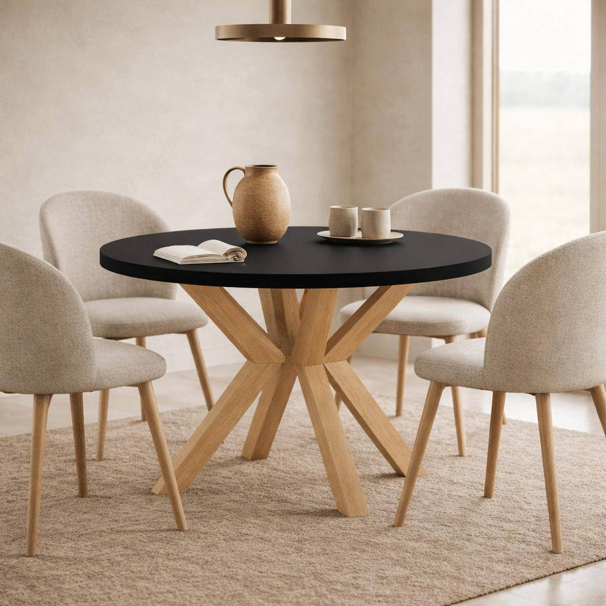 ESSTISCH RAL mit Holzbeinen, Durchmesser: 90 / 140 cm Schwarz / Buche Natur - Buchefarben/Schwarz, Holz (90/140/77cm) - Dekori_Interiors