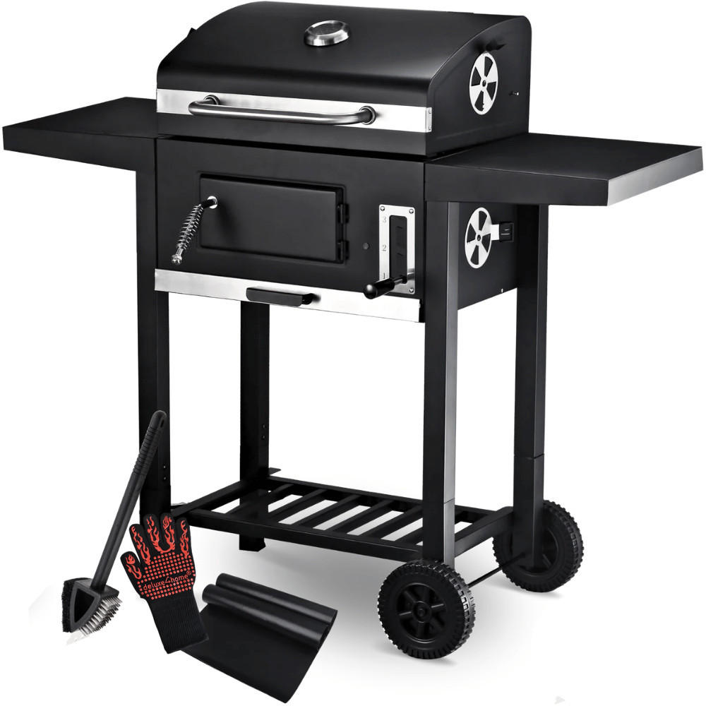 HOLZKOHLEGRILL mit Deckel OLLI Grillwagen Edelstahl-Griff - Schwarz, Metall (105/96/50cm) - DELUKE