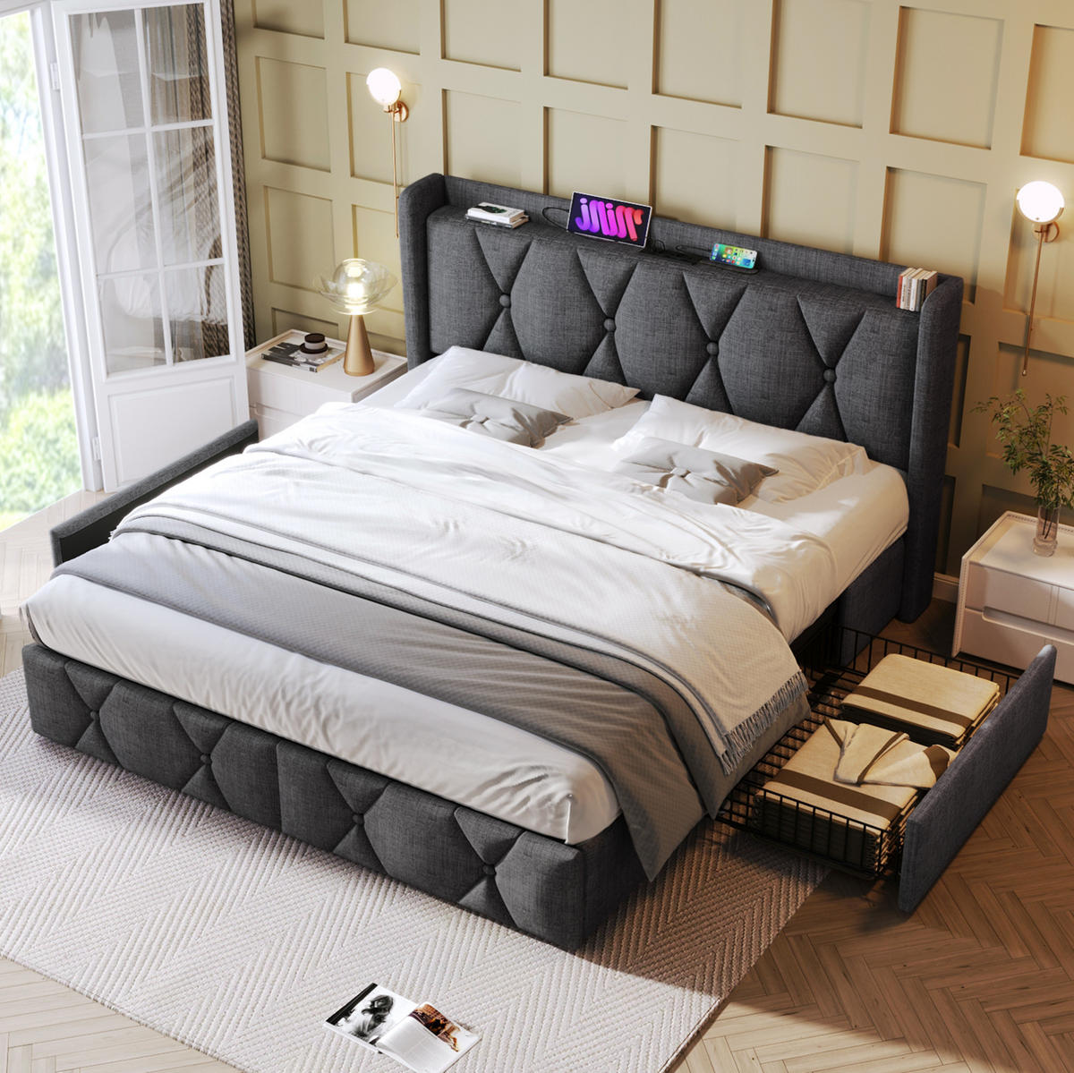 BETT mit USB und 4 Schubladen 140x200 cm Leinen Grau inkl. Matratze - Grau, Metall (140/200cm) - Meubliv