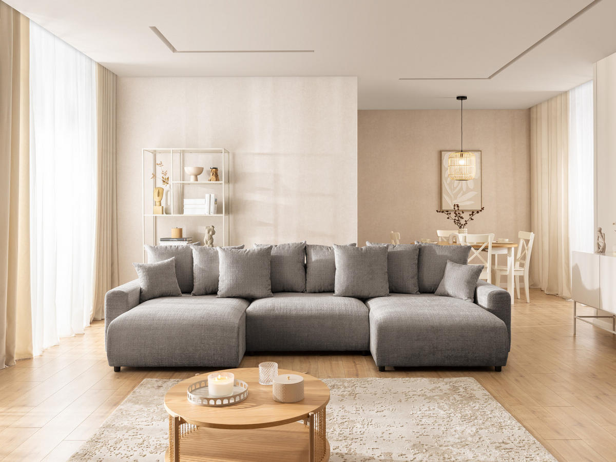 WOHNLANDSCHAFT Calma mit Schlaffunktion und Bettkasten im Bumpy-Design aus weichem Taupe Chenille-Stoff - Taupe/Schwarz, Holz/Kunststoff (336/88/140cm) - S-Style Möbel