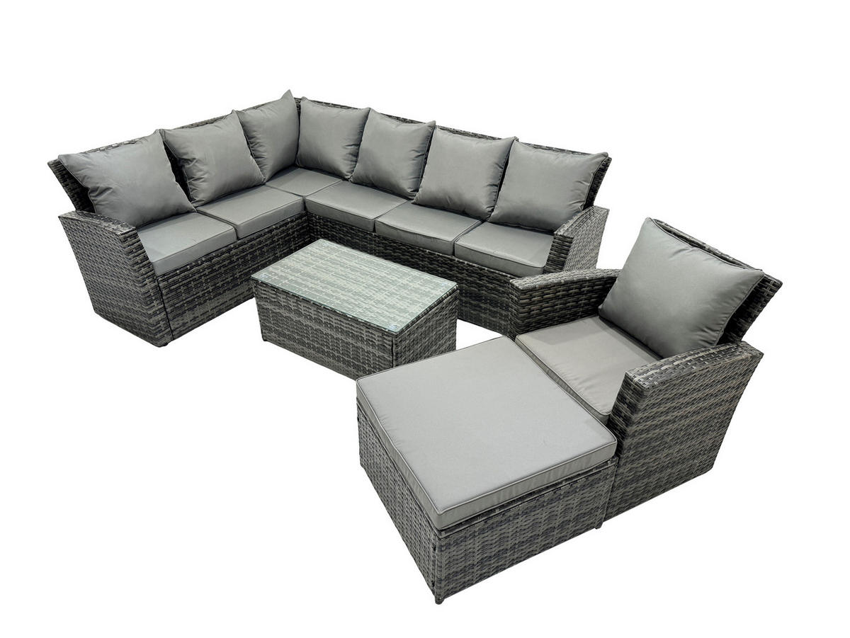 GARTEN-ECKSOFAGARNITUR mit Couchtisch Polyrattan 8-Sitzer - Dunkelgrau/Grau, Glas/Kunststoff - Fimous