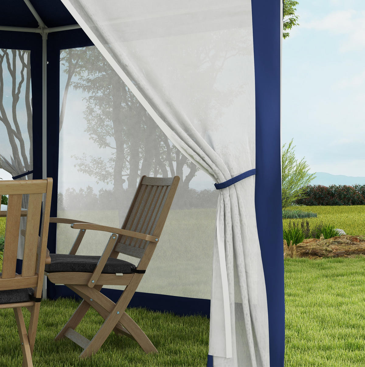 GARTENPAVILLON 394/341,2/250 cm mit wasserabweisendem Polyesterdach und Netzvorhängen, Blau - Blau, Textil (341.2/250/394cm) - Redom