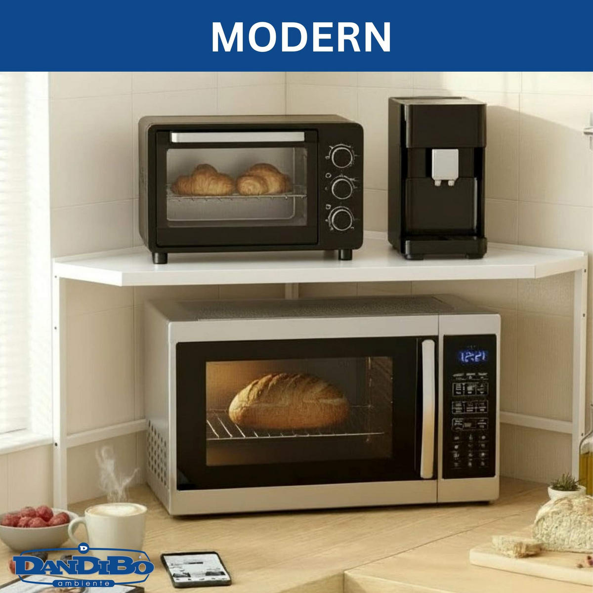 MIKROWELLENREGAL Eckregal Küche Stehend Arbeitsplatte 72x72 cm Weiß 2 Stufig 96689 - Weiß, Metall (72/46/72cm) - DanDiBo