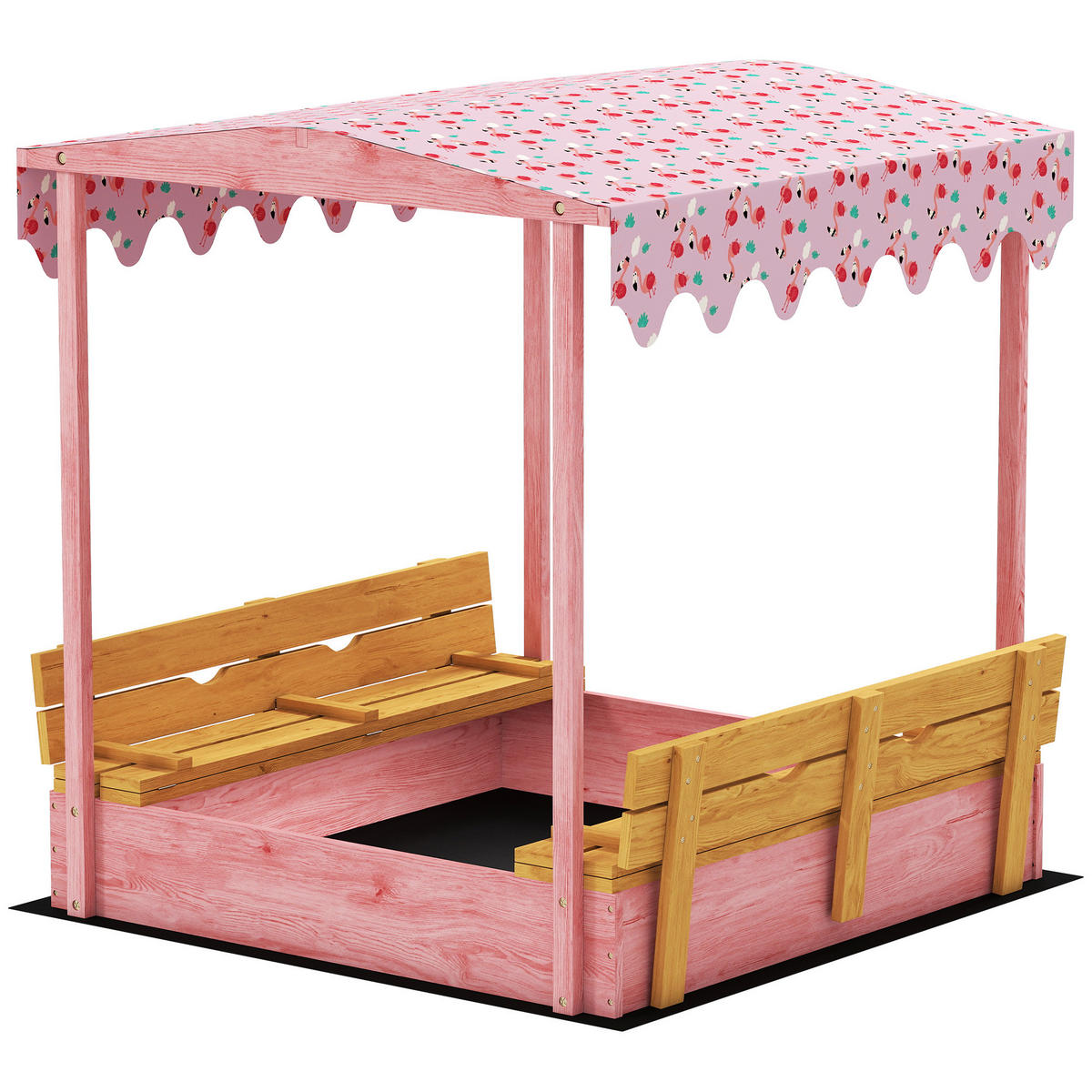 SANDKASTEN DE-18761 mit Klappbänken & Flamingo-Sonnensegel - Pink, Holzwerkstoff (134.5/127.5/130cm) - ComfortXL