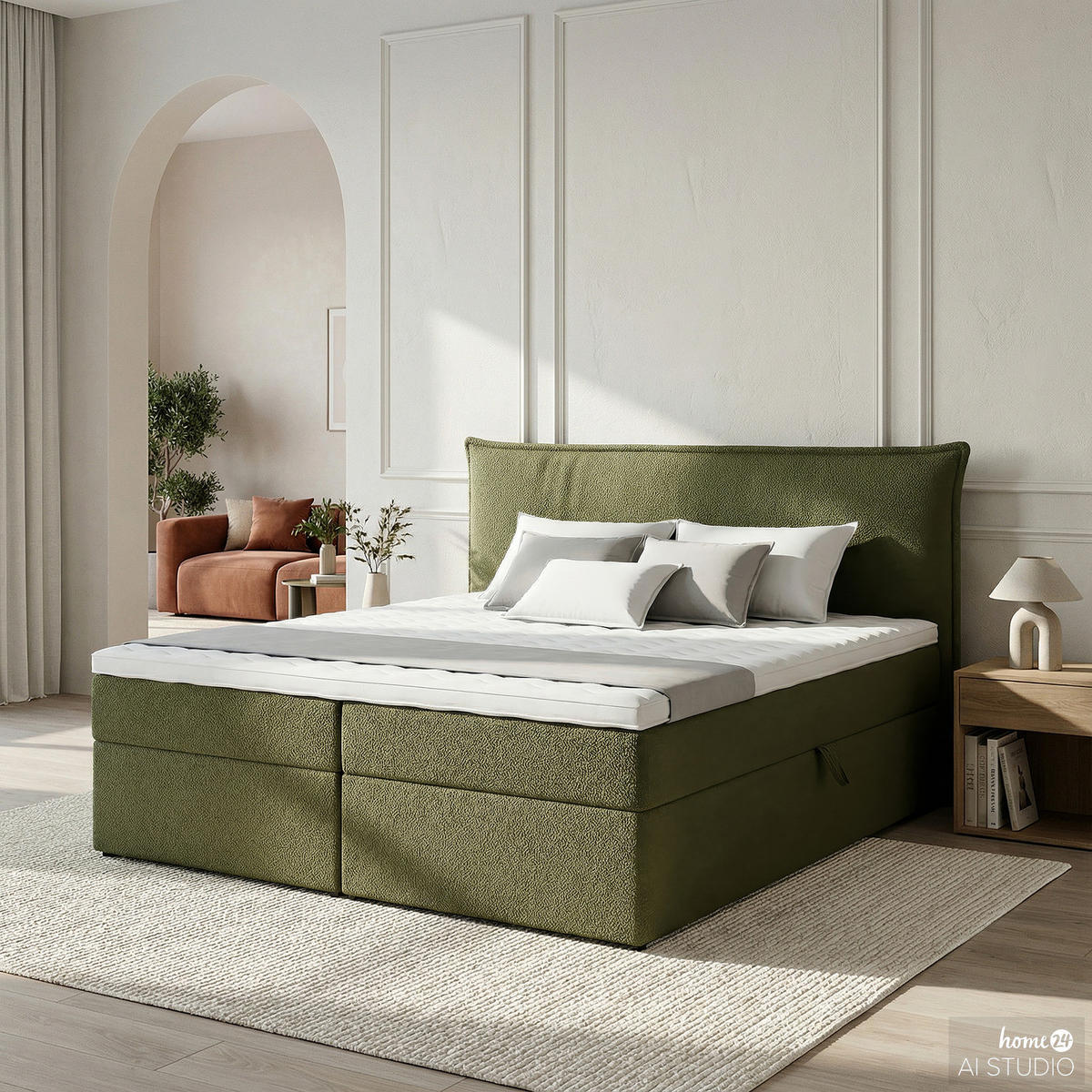 BOXBETT mit Stauraum - Bouclé - Olivgrün, Holzwerkstoff/Textil (200/200cm) - home24