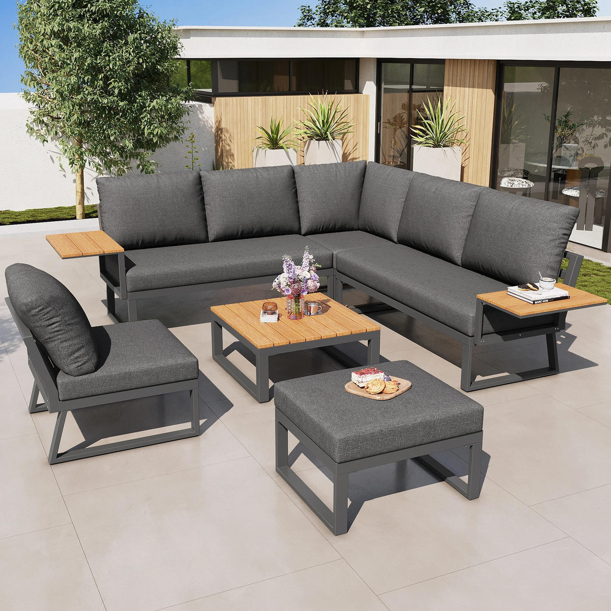 DINING-LOUNGESET L-Shaped 7-Person, inkl. Tisch & Hocker - Beige, Textil - Kaket