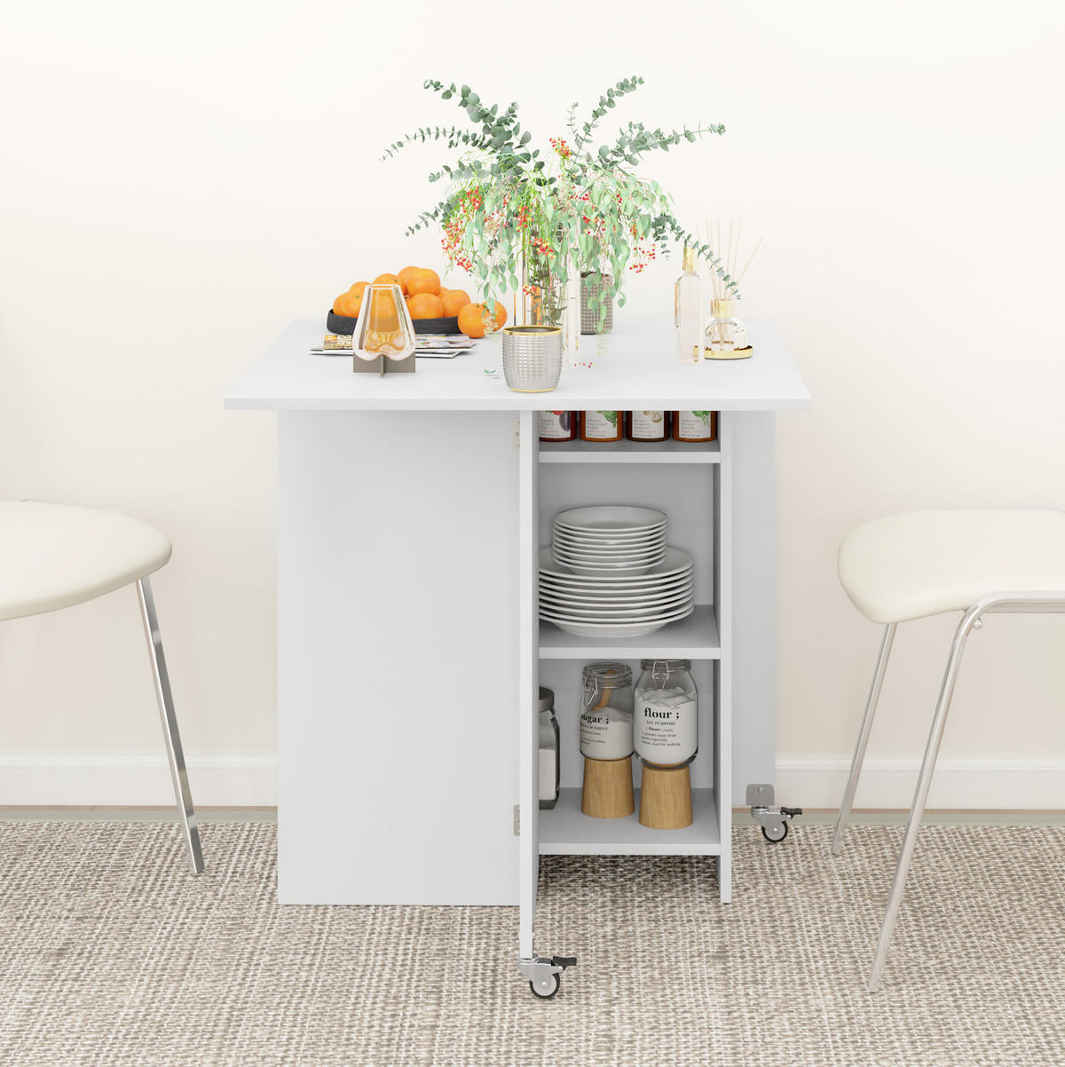 KLAPPTISCH für 2-4 Personen 114,5/70/75 cm mit Ablagen und Schublade, Weiß - Weiß, Holzwerkstoff (114.5/70/75cm) - BEAOK