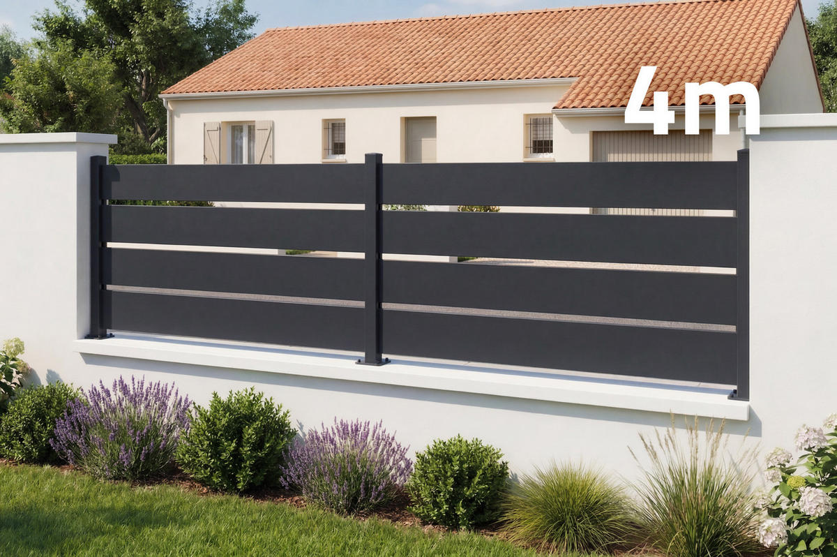 HALBOFFENER Zaun Velino 4m x H.80cm schwarzer Stahl - Schwarz, Metall (400/84cm) - Casanoov