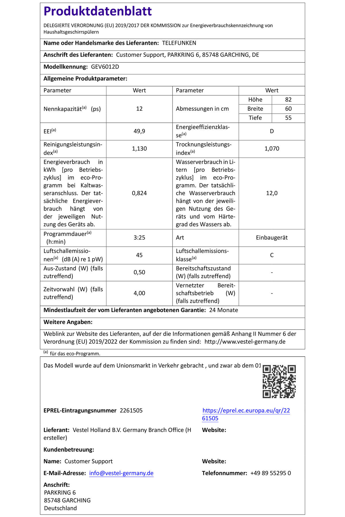 GESCHIRRSPÜLER, 60 cm vollintegrierbar, Einbau Spülmaschine, 12 Maßgedecke, 6 Programme, AquaStop, Startzeitvorwahl, Auto-Door, leise 45 dB, GEV6012D - Schwarz, Kunststoff/Metall (59.8/82/55cm) - Telefunken