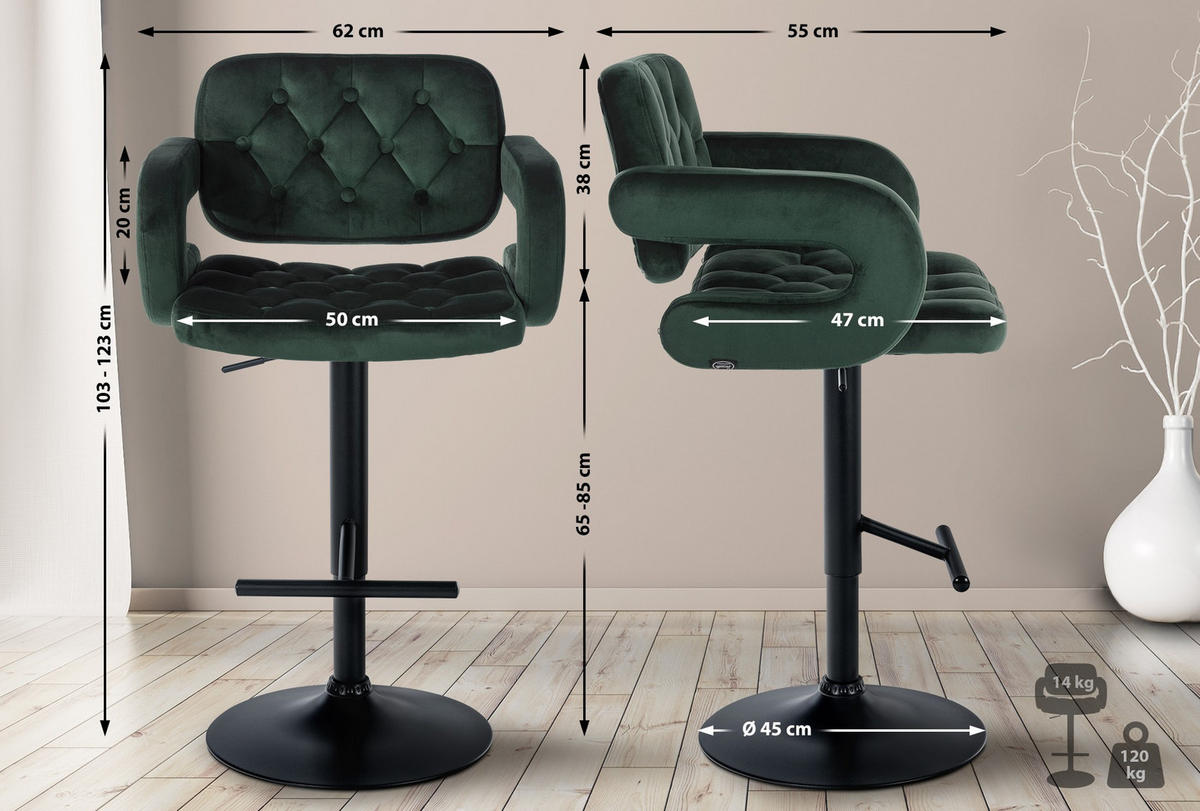 BARHOCKER Samt dunkelgrün - Dunkelgrün/Schwarz, Textil (62/103/55cm) - CLP