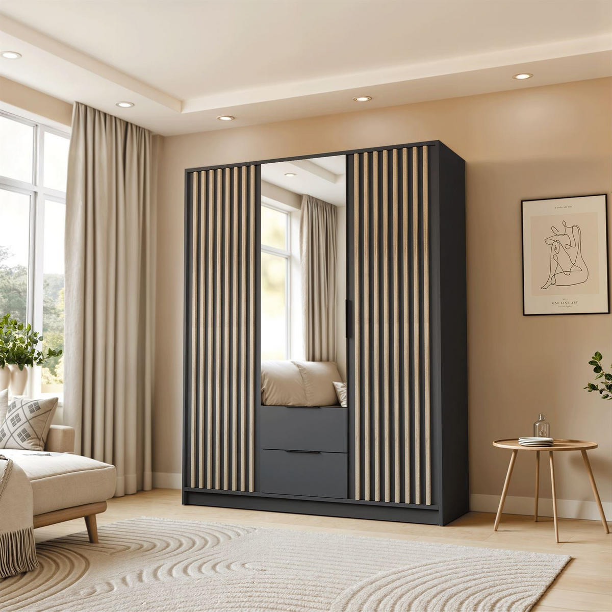 KLEIDERSCHRANK NELA, dreitürig mit Lamellen und Spiegel, 155 cm, Graphit/Artisan - Graphitfarben, Holzwerkstoff (155/200/51cm) - Lookway