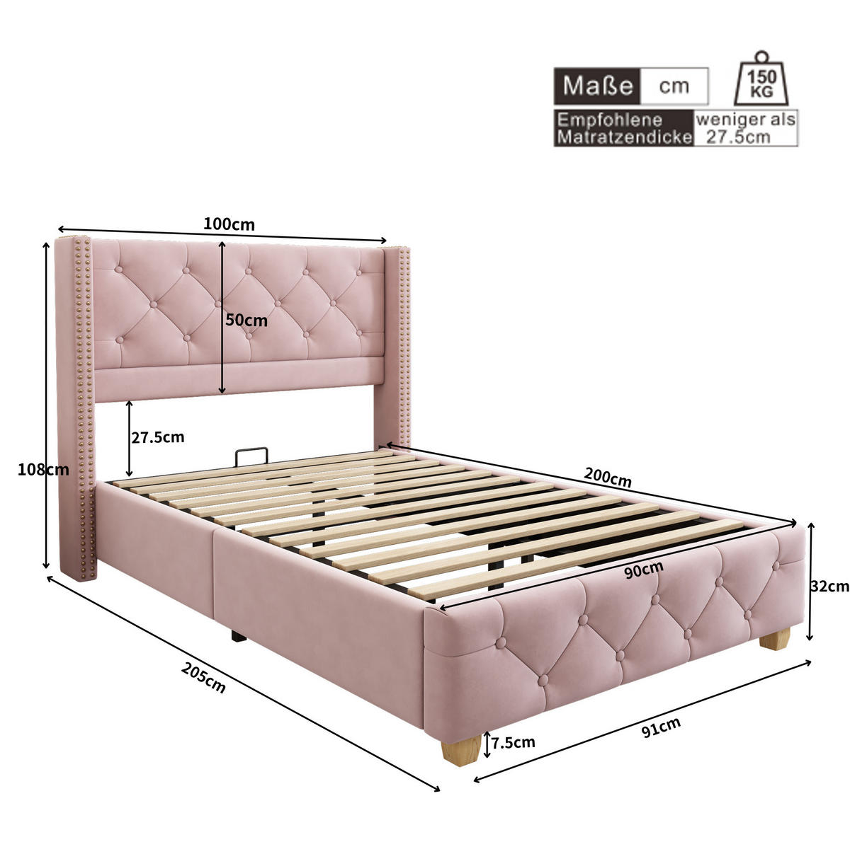 POLSTERBETT mit Lattenrost 90x200 cm Samt Pink - Pink, Holzwerkstoff (90/200cm) - Beauniv