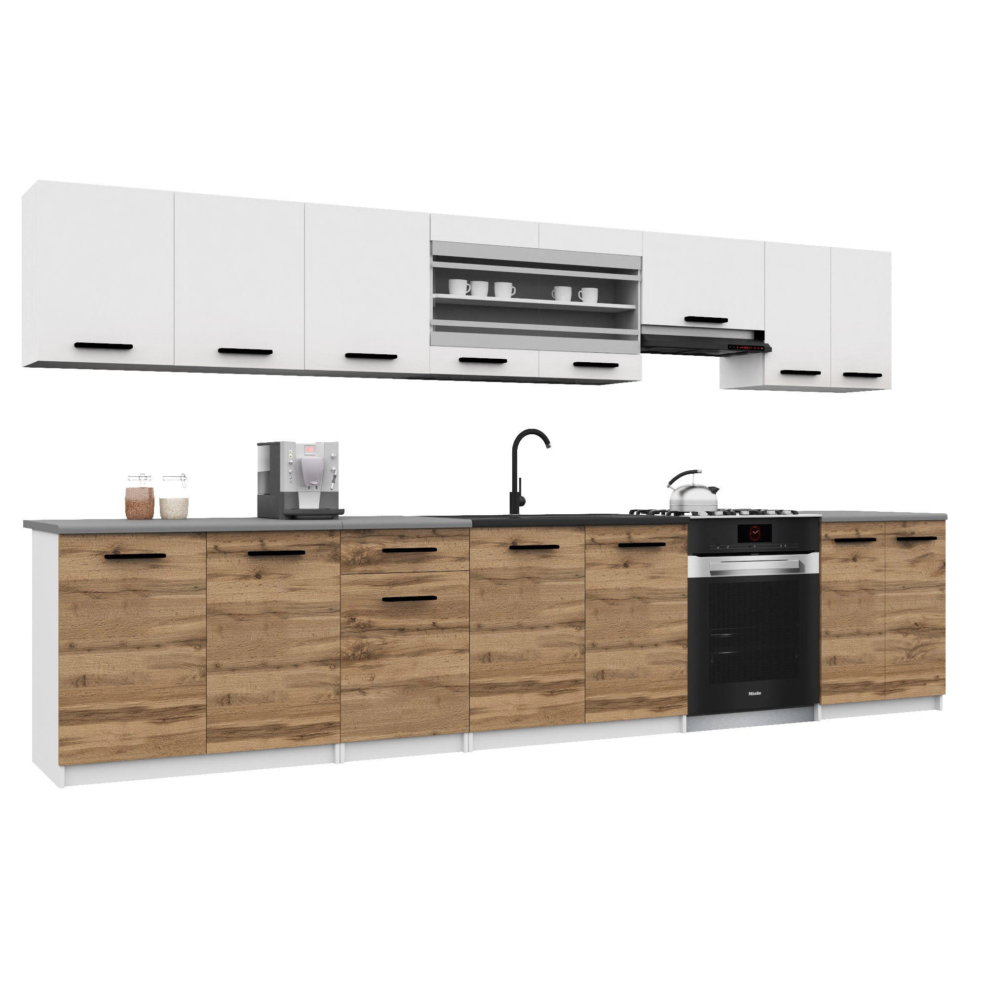 KÜCHENZEILE Italia 3 320 cm, mit Arbeitsplatten, Weiß-Goldbraun Matt - Weiß/Braun, Holz (320/143/60cm) - B BELINI GROUP