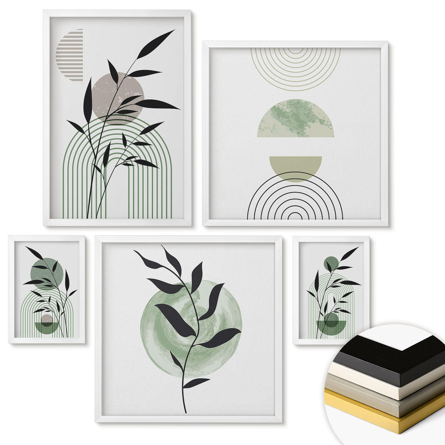 WANDBILDER 5er-Set - 50x50 cm & 20x30 cm & 40x60 cm Weißer Rahmen - Boho-Pflanzenkompositionen - Weiß, Kunststoff (40/60cm) - ArtPrintCave